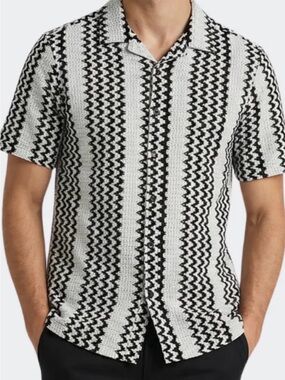 Primark Monochrome Zigzag Crochet Camp Shirt Sz large